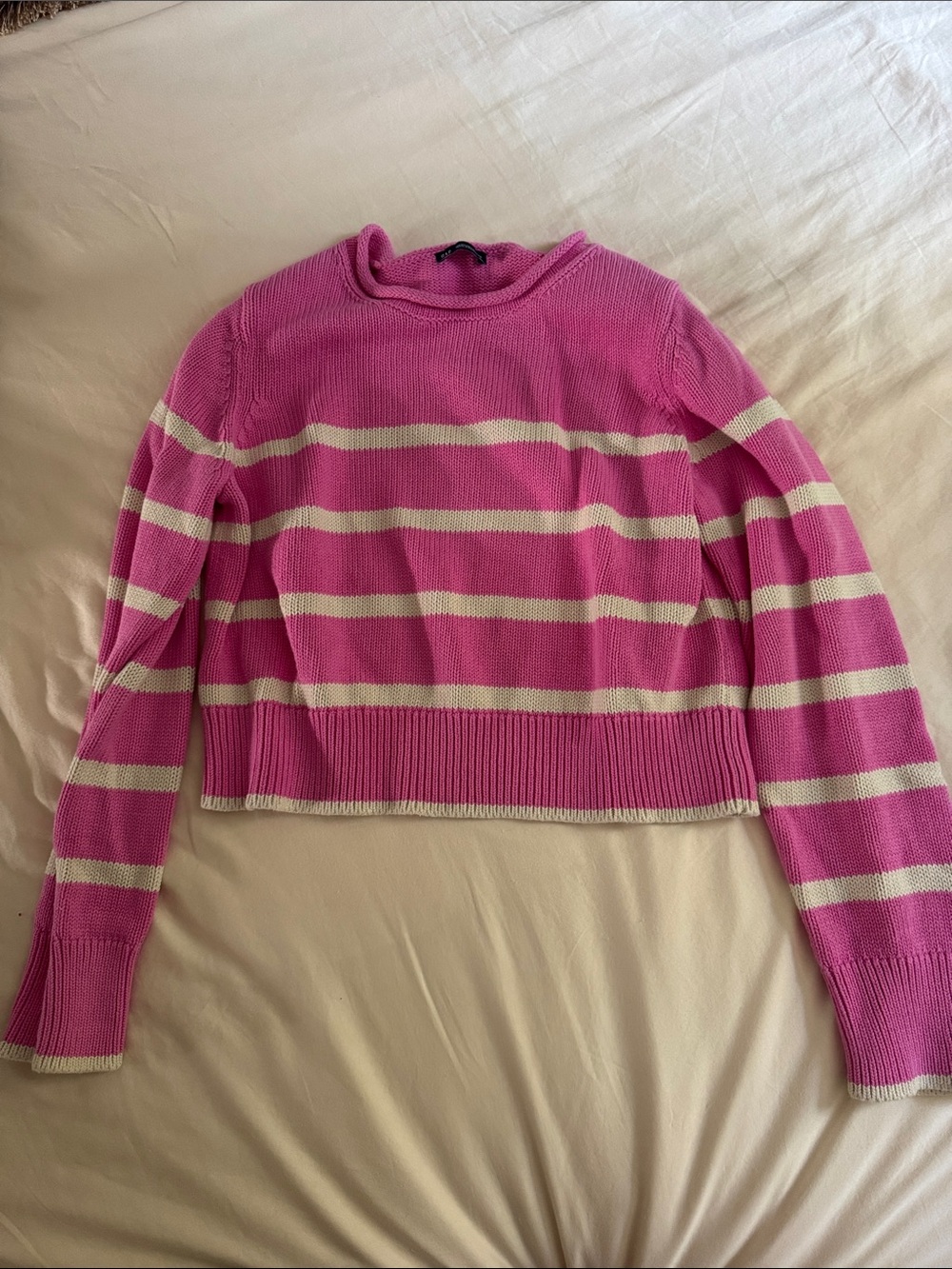 GAP Pink and Cream Striped Cropped Crewneck Sweater